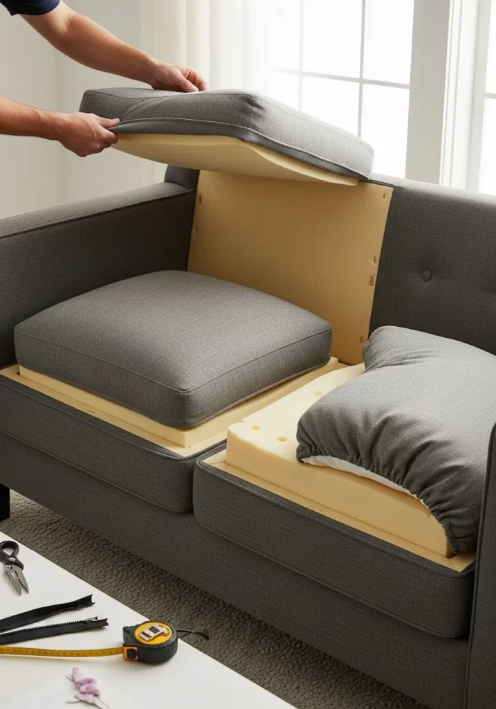 A person replacing the old filling in a gray sofa cushion with a new block of firm, high-density upholstery foam to restore shape and support.
