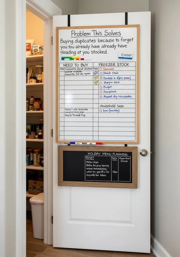 Pantry door with a large magnetic whiteboard for grocery lists and freezer inventory, plus a small chalkboard for menu planning.