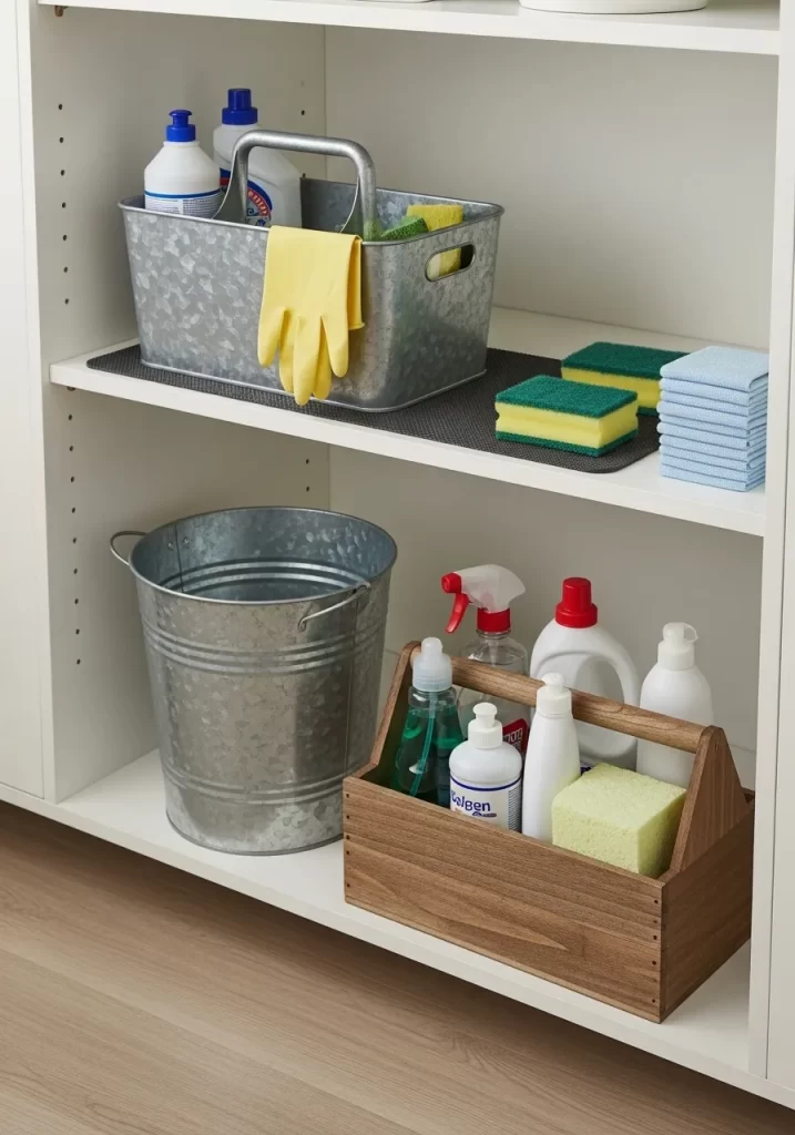  Shelf with a galvanized metal caddy and a wooden toolkit style caddy containing cleaning bottles, gloves, and sponges, next to a metal bucket.
