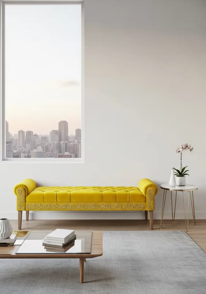 A bright, sunny yellow velvet bench with deep button tufting and rolled ends, functioning as a vibrant statement seating piece in a white room.
