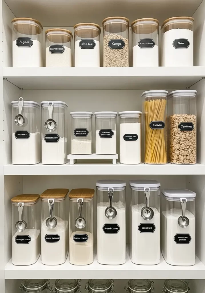 Three shelves of clear, uniform airtight canisters with wooden lids and chalkboard labels storing flours, sugars, and pasta.