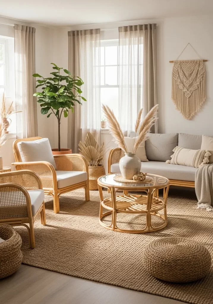 A living room decorated in a bohemian style featuring two arched rattan armchairs and a matching sofa, all with light cushions, and a large jute rug.