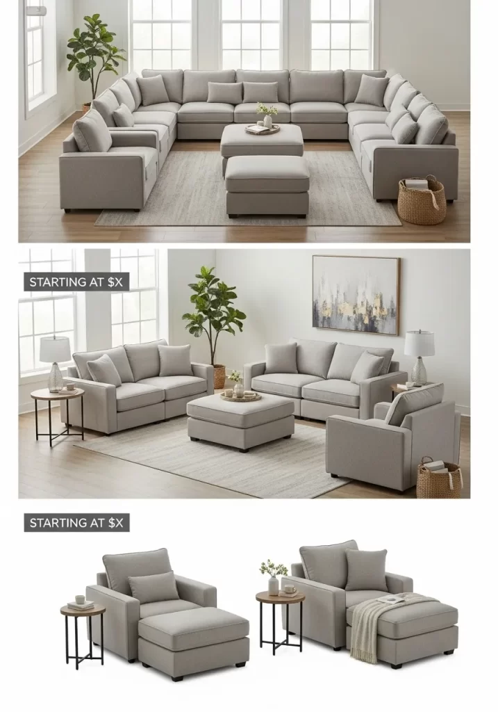 Three arrangements of the same modular gray sofa units, showing how they can be configured into a large sectional, two sofas, or individual chaises and ottomans.