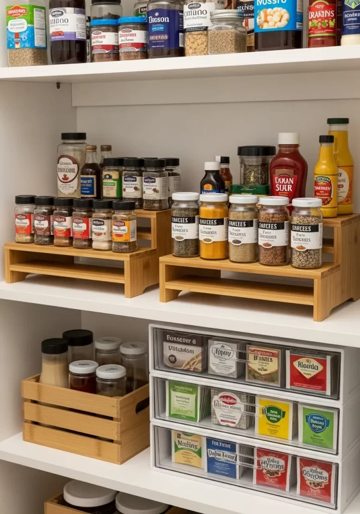 Pantry shelf with bamboo step risers holding spice jars, next to clear pullout drawers organizing tea and seasoning packets.