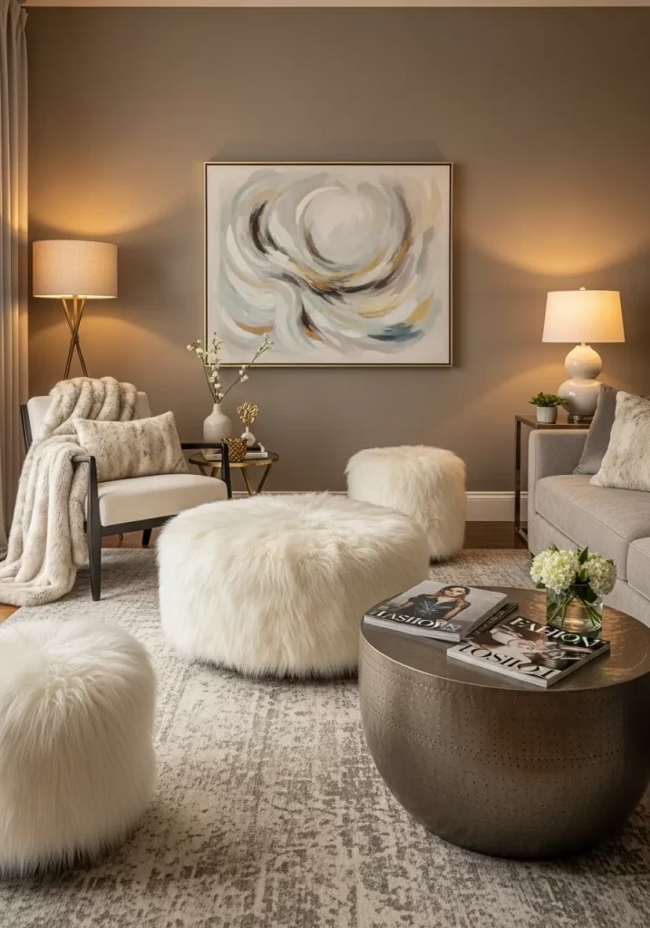 Several round, fluffy white faux fur ottomans scattered on a rug, paired with a white accent chair and a gray sofa for a luxurious, textured seating arrangement.