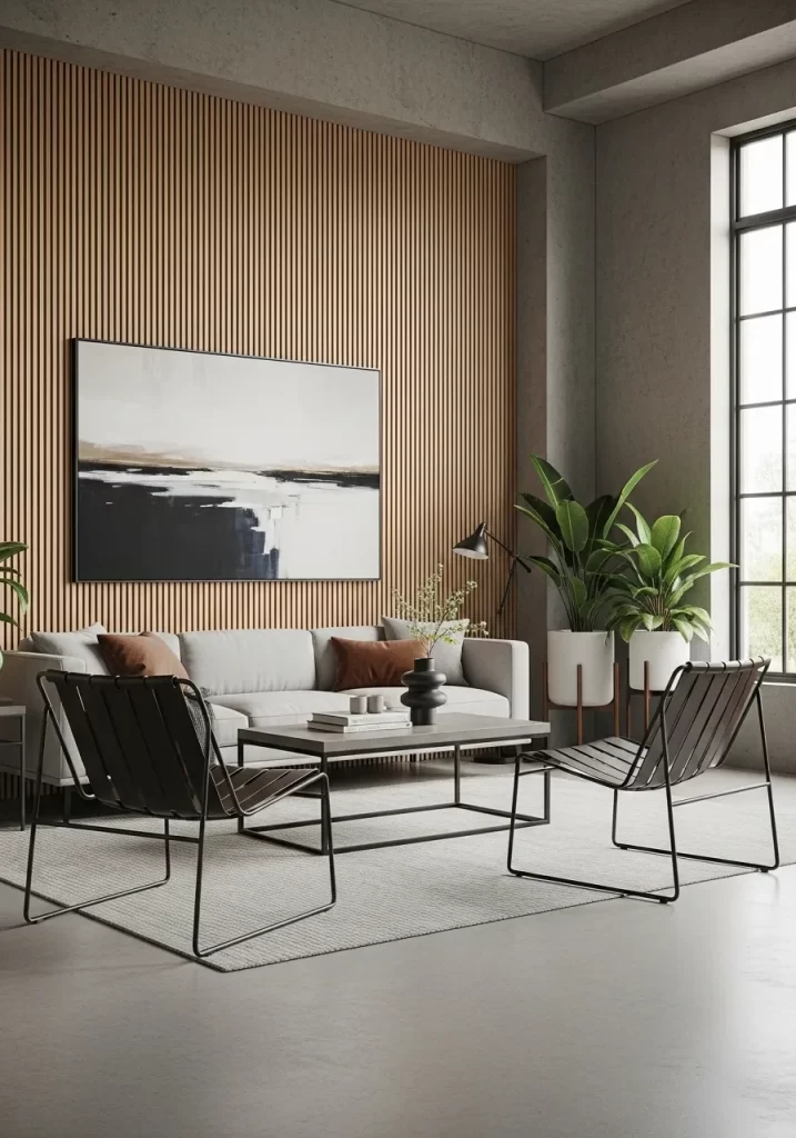 Two modern, black metal frame sling chairs with dark leather seats positioned in an industrial living room with a wood slat feature wall.
