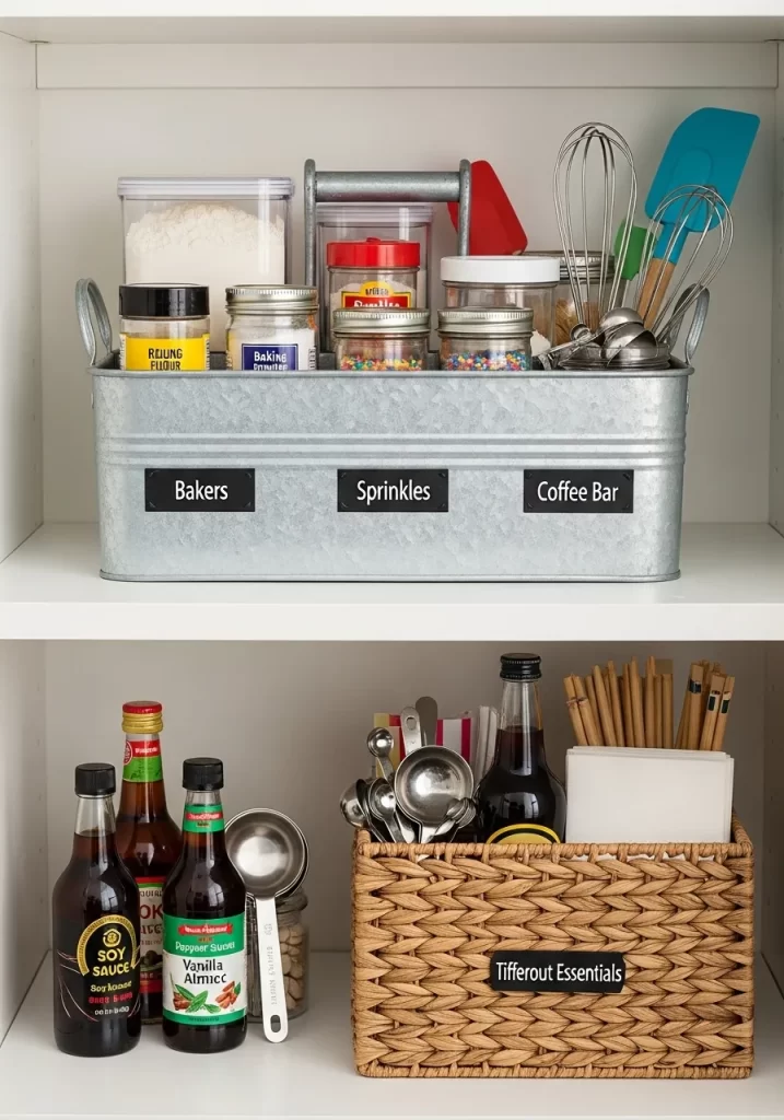 A galvanized metal caddy labeled 'Sprinkles' and 'Bakers' next to a woven basket holding sauces and utensils.
