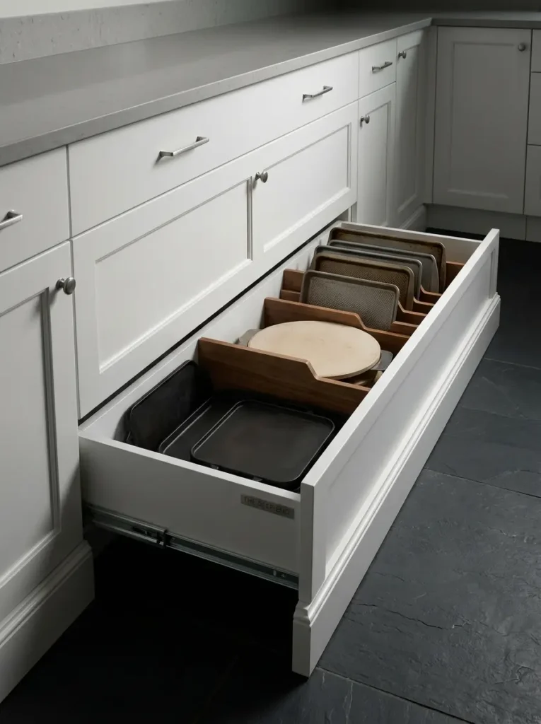 Vertical Baking Sheet Drawer Organizer Deep white kitchen drawer with wooden dividers holding baking sheets vertically.