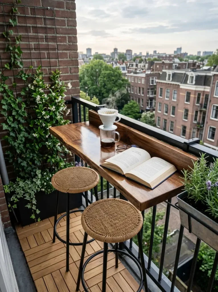 A wooden bar table attached to a metal apartment balcony railing with two woven stools underneath overlooking a brick wall and city street.