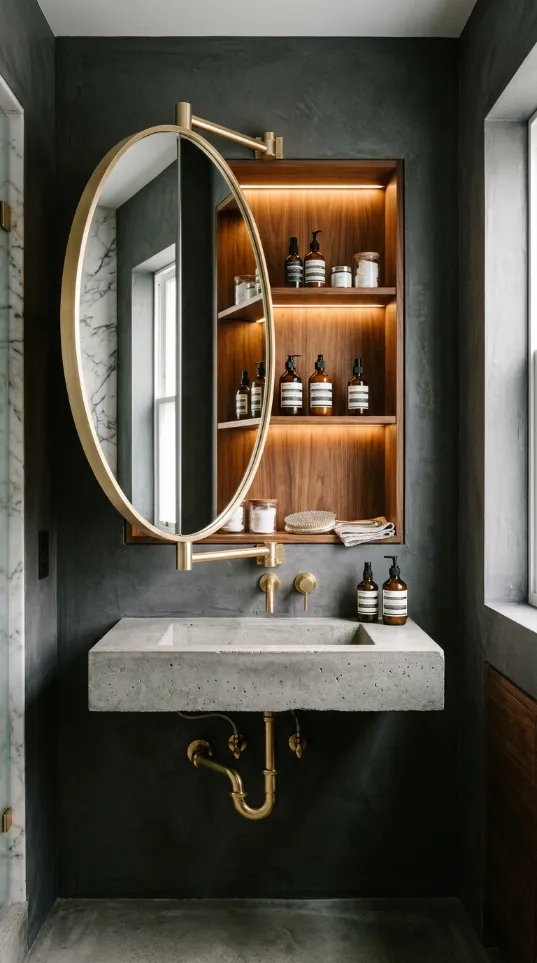Golden oval mirror on a hinge positioned in front of a wood-lined wall niche used for storing bottles.