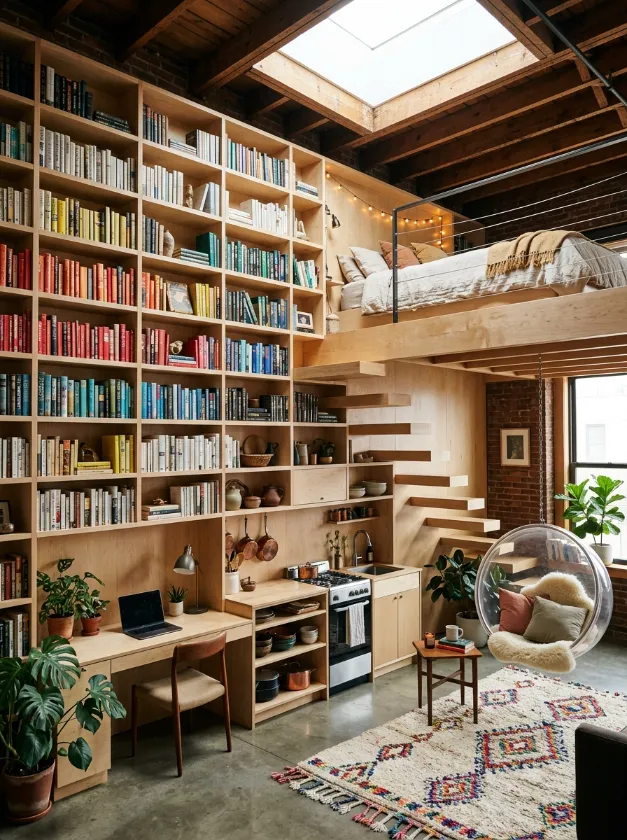 Modular Plywood Storage Unit Custom plywood storage wall with a desk and ladder to a loft bed.