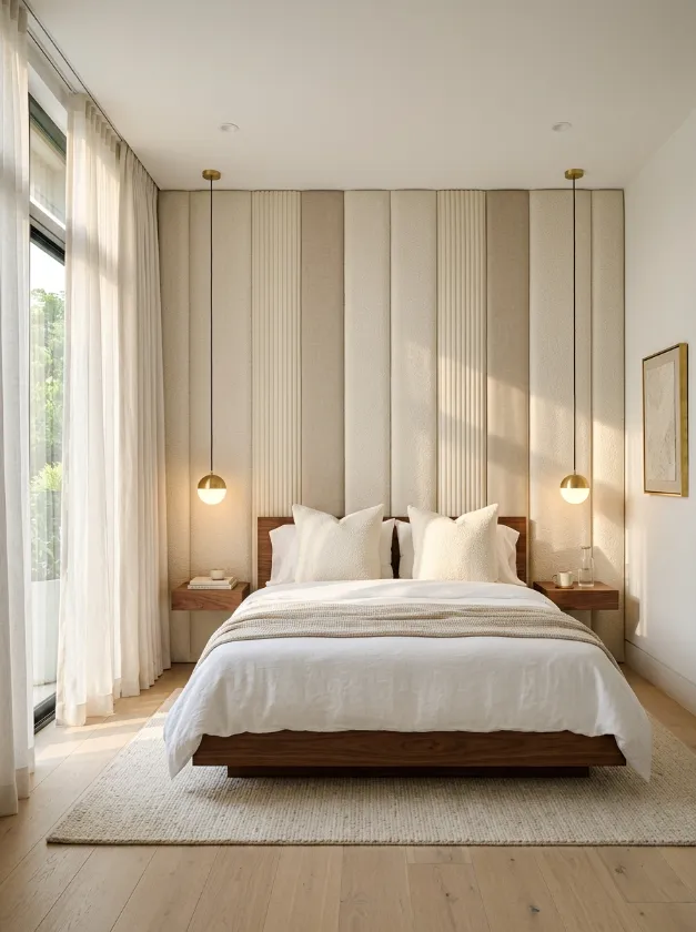 Padded wall panels behind a bed with hanging pendant lights.