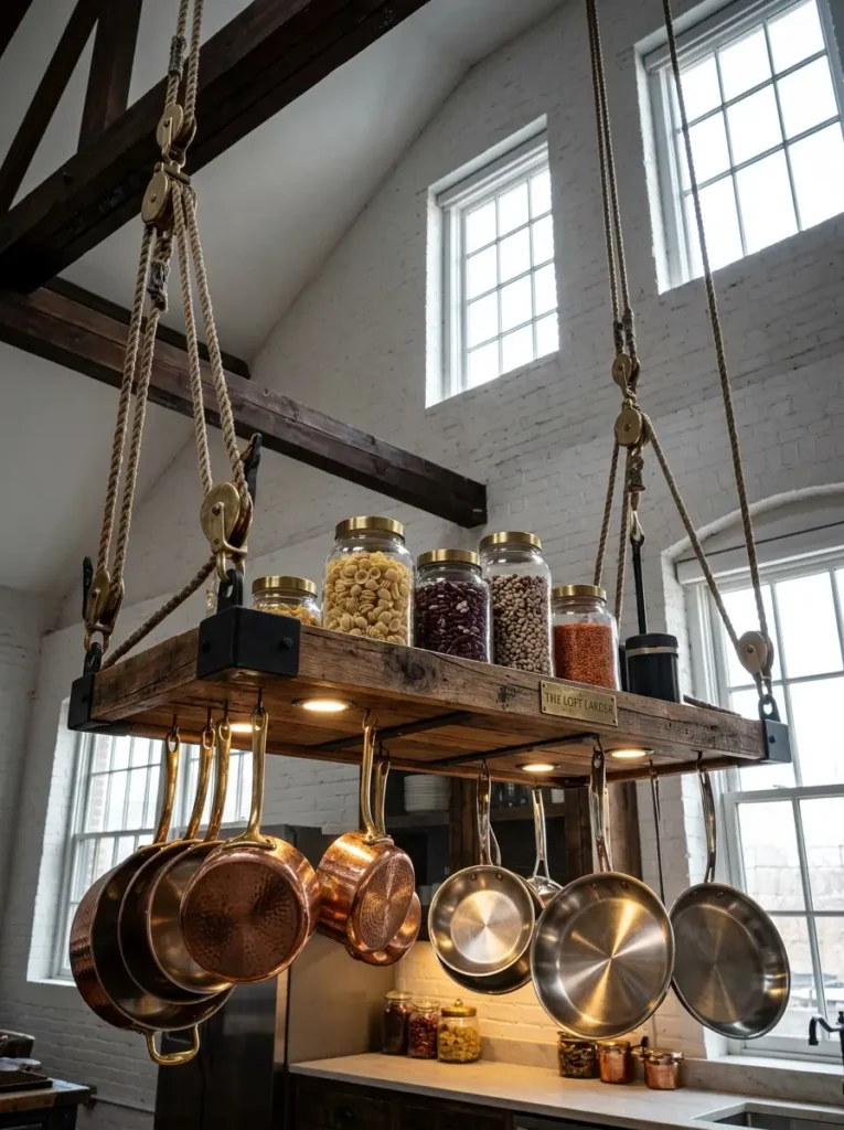 Suspended Ceiling Storage Larder Rustic wooden shelf hanging from the ceiling by ropes holding pots and glass jars.