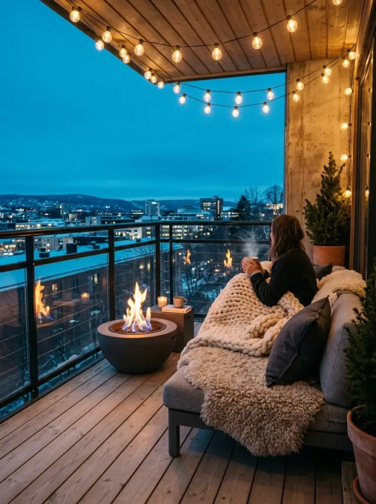 A snowy apartment balcony featuring a round concrete fire pit a person wrapped in a thick knit blanket on a gray sofa and warm string lights overhead.