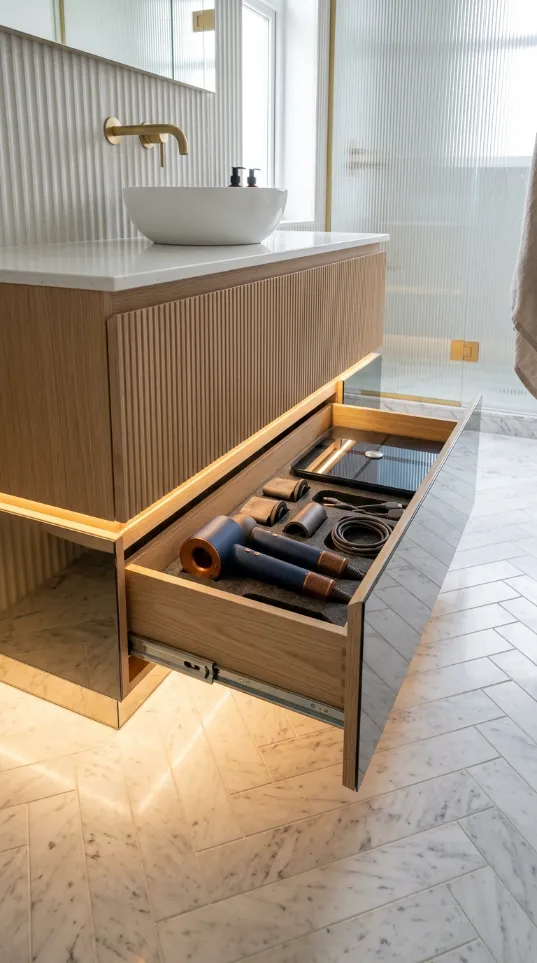Wooden drawer with precision-cut foam padding holding a blue hair dryer and styling tools.