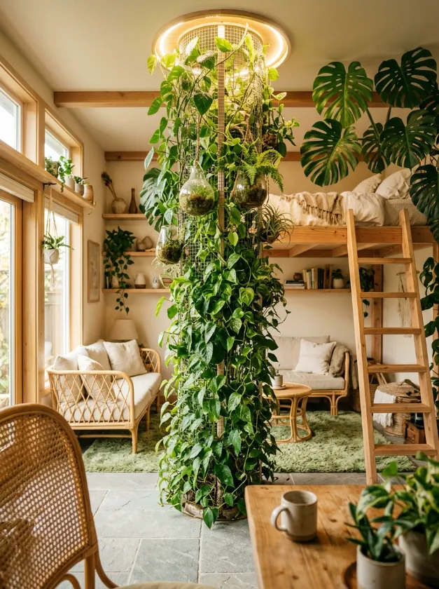 Indoor Garden Support Structure Wire plant pillar with green leaves in a light wood studio apartment.