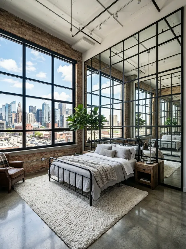 Loft bedroom with large grid style mirrors on a brick wall