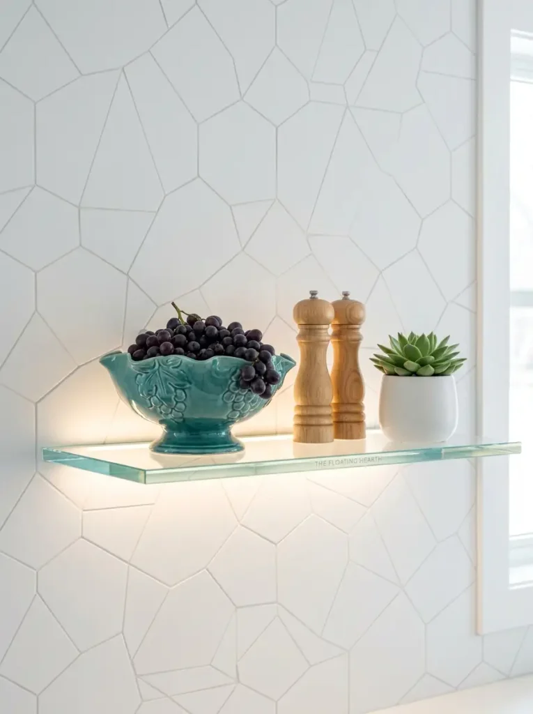 Floating Illuminated Glass Shelf Floating transparent glass shelf holding a green fruit bowl against white tile.