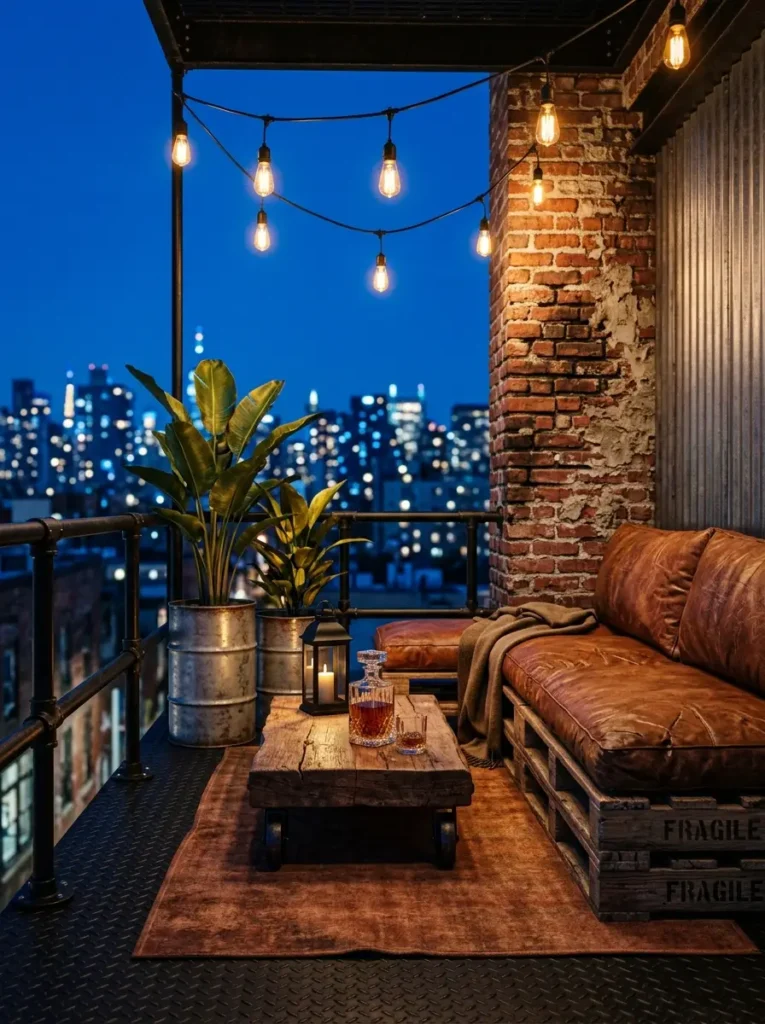 An industrial style balcony with a leather pallet sofa weathered metal drum planters black pipe railings and a wooden coffee table on wheels.