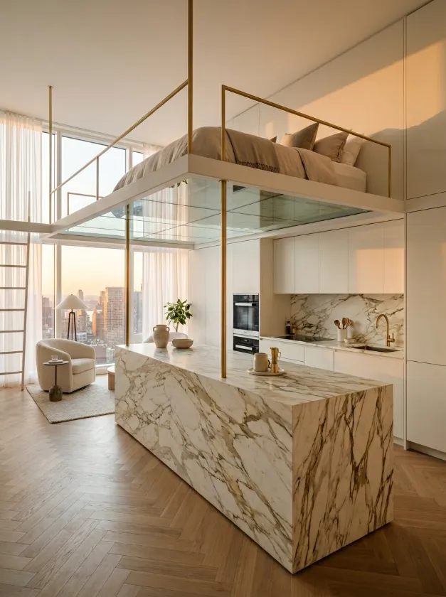 Luxury Floating Bedroom Concept High loft bed with a transparent floor above a marble kitchen island.