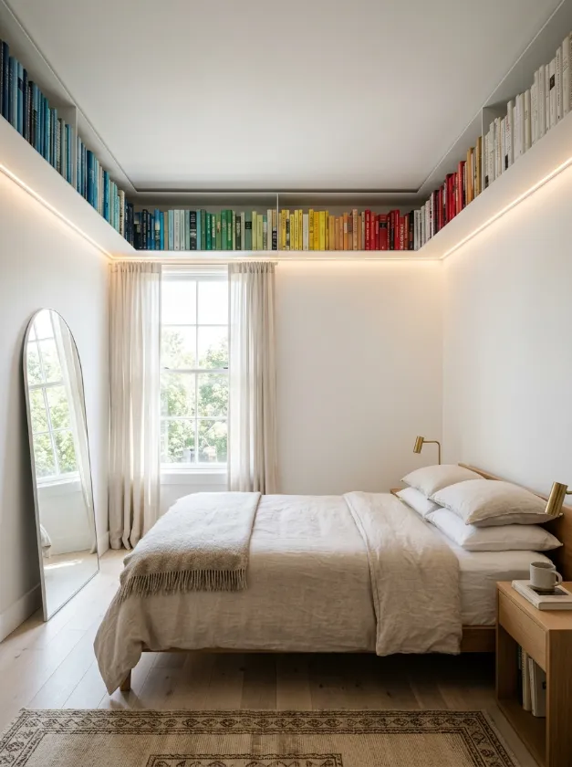 White floating bookshelves installed near the bedroom ceiling.