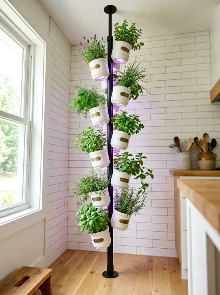 Vertical Tension Pole Herb Garden Floor to ceiling black tension pole holding white pots filled with green herbs.