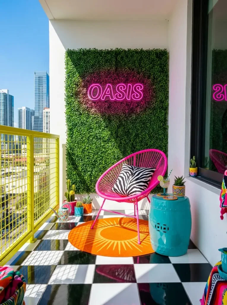 A colorful retro balcony with a bright pink woven chair a black and white checkerboard floor yellow metal railings and a neon Oasis sign on a green ivy wall.