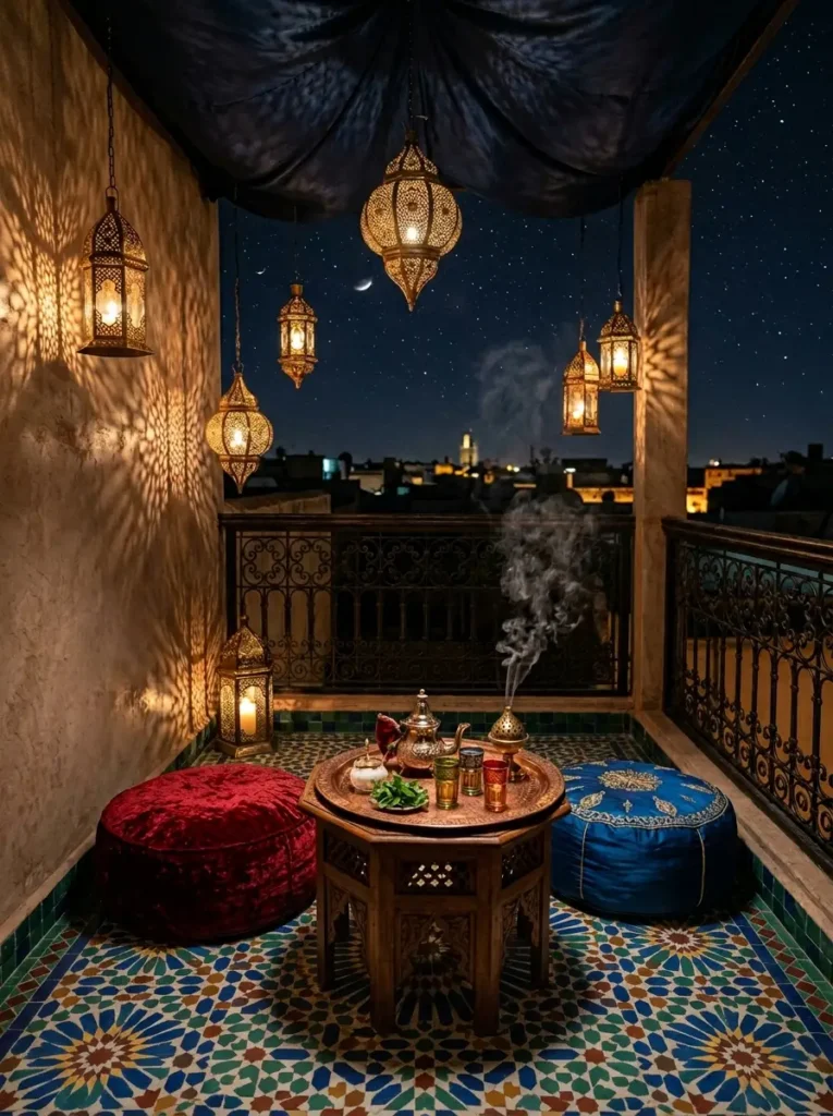 A dark Moroccan themed balcony at night with hanging ornate metal lanterns plush red and blue floor cushions and a silver tea set on an octagonal wooden table.