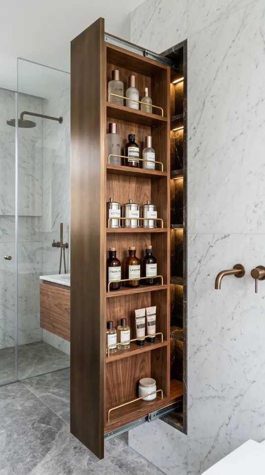 Slim vertical sliding wooden cabinet with multiple shelves for storing glass apothecary bottles.