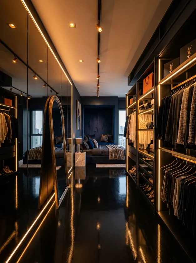 High Gloss Fashion Storage Narrow walk in closet with black panels and integrated LED lighting strips.