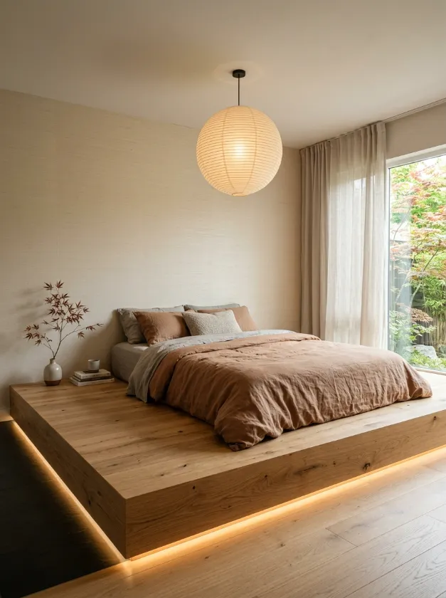 Low profile wooden bed frame with warm LED floor lighting