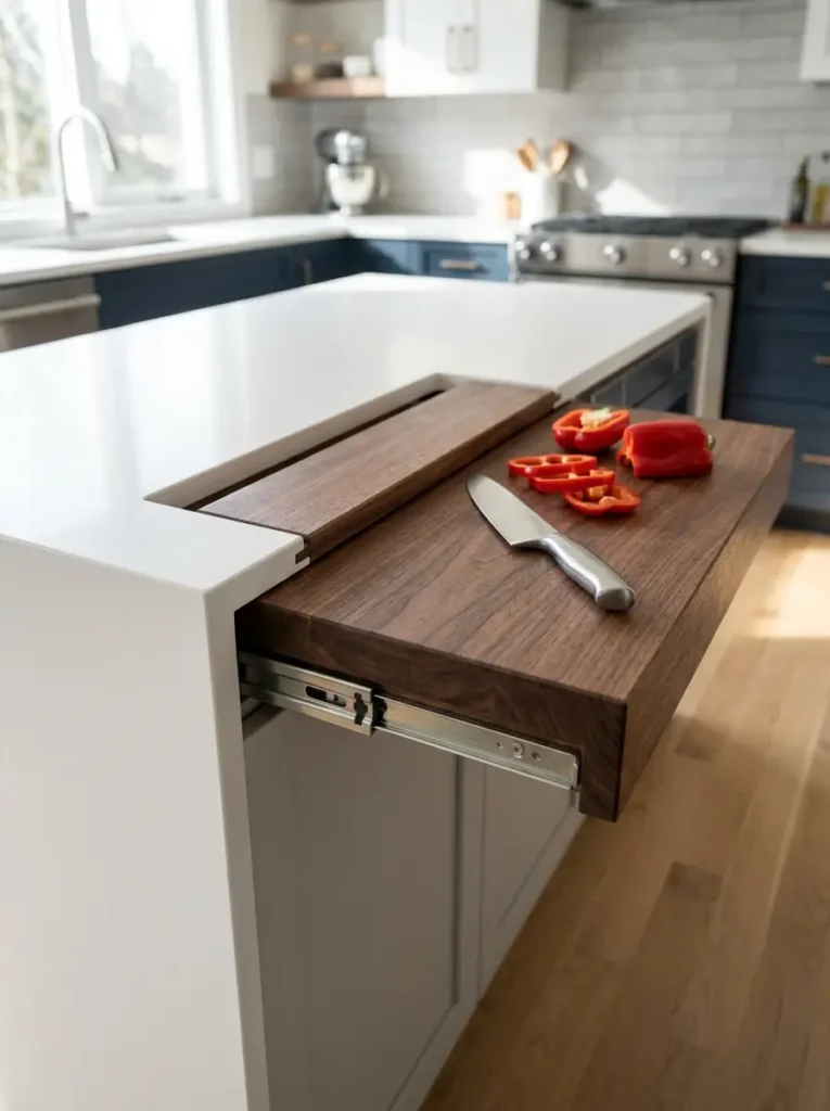 Hidden Pull Out Cutting Board Thick wooden cutting board sliding out from a white quartz kitchen island.
