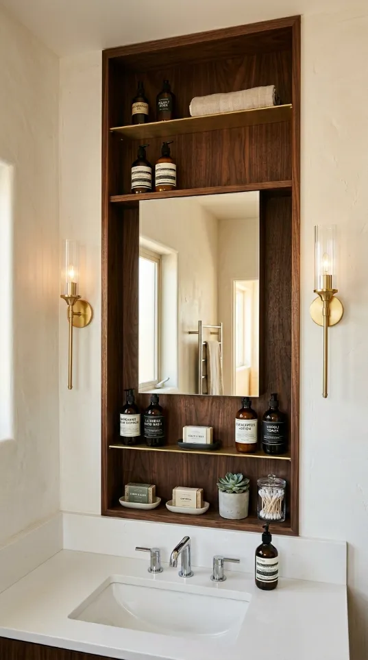 Integrated bathroom storage wall made of walnut wood with a central mirror and gold shelf ledges.