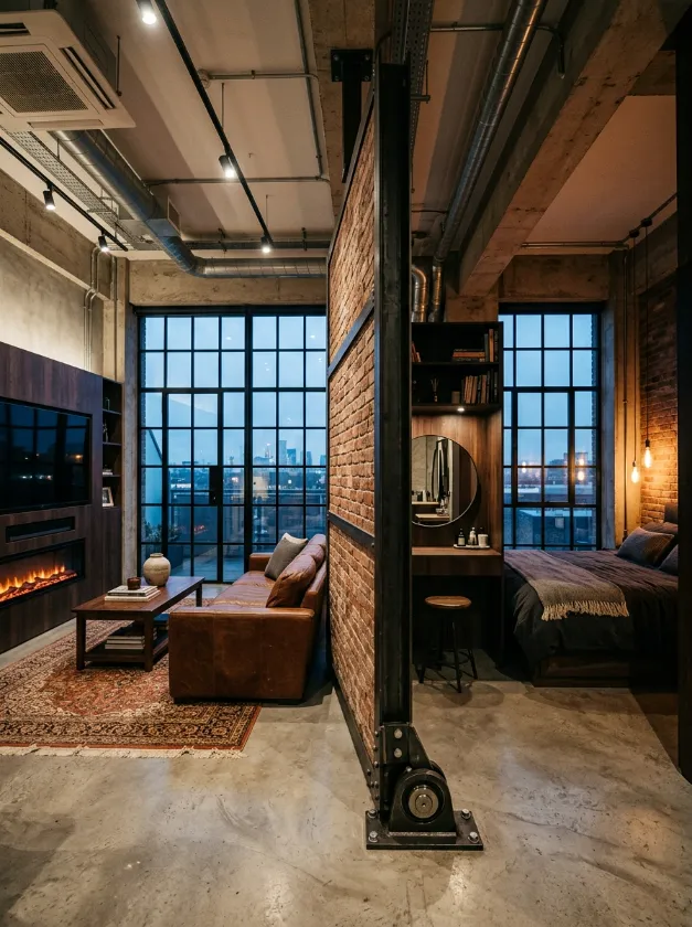 Industrial Sliding Room Divider Movable brick wall on wheels separating a living room from a bed.