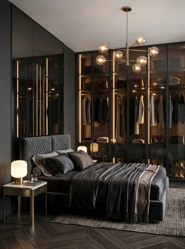Luxury bedroom with glass door closets and internal lighting