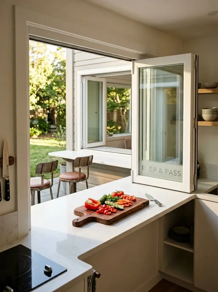 Pass Through Window Bar Counter Glass accordion window opened to a backyard patio with a white continuous counter.