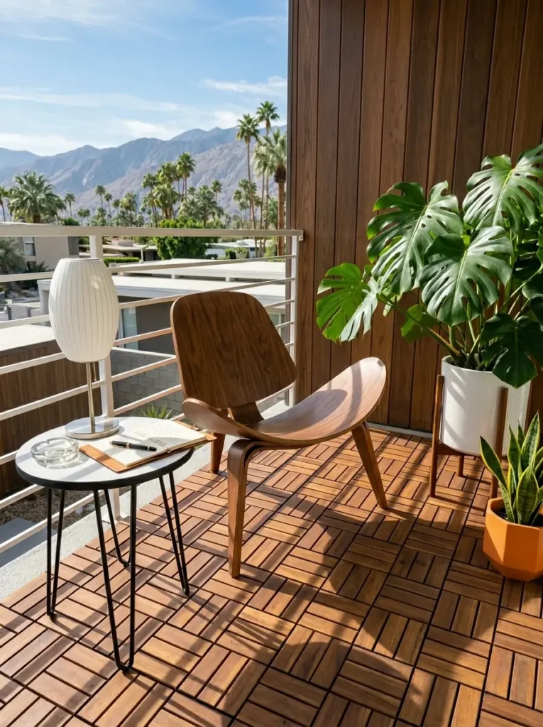 A mid century modern balcony featuring a curved wooden lounge chair a white side table with hairpin legs and a large monstera plant on slatted wood tiles.