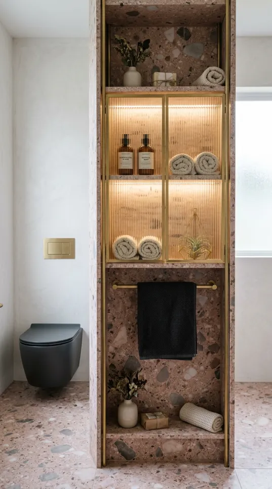 Floor-to-ceiling pink terrazzo pillar featuring an illuminated glass cabinet and brass towel rack.