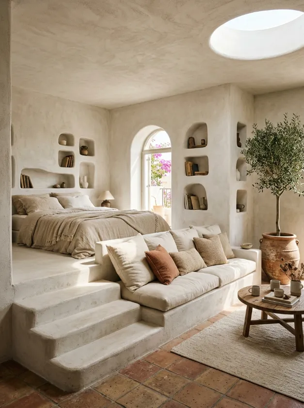 Minimalist Built In Shelving Smooth white wall with built in storage alcoves and a skylight above.