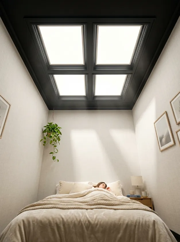 Bedroom ceiling with four square backlit faux skylight panels