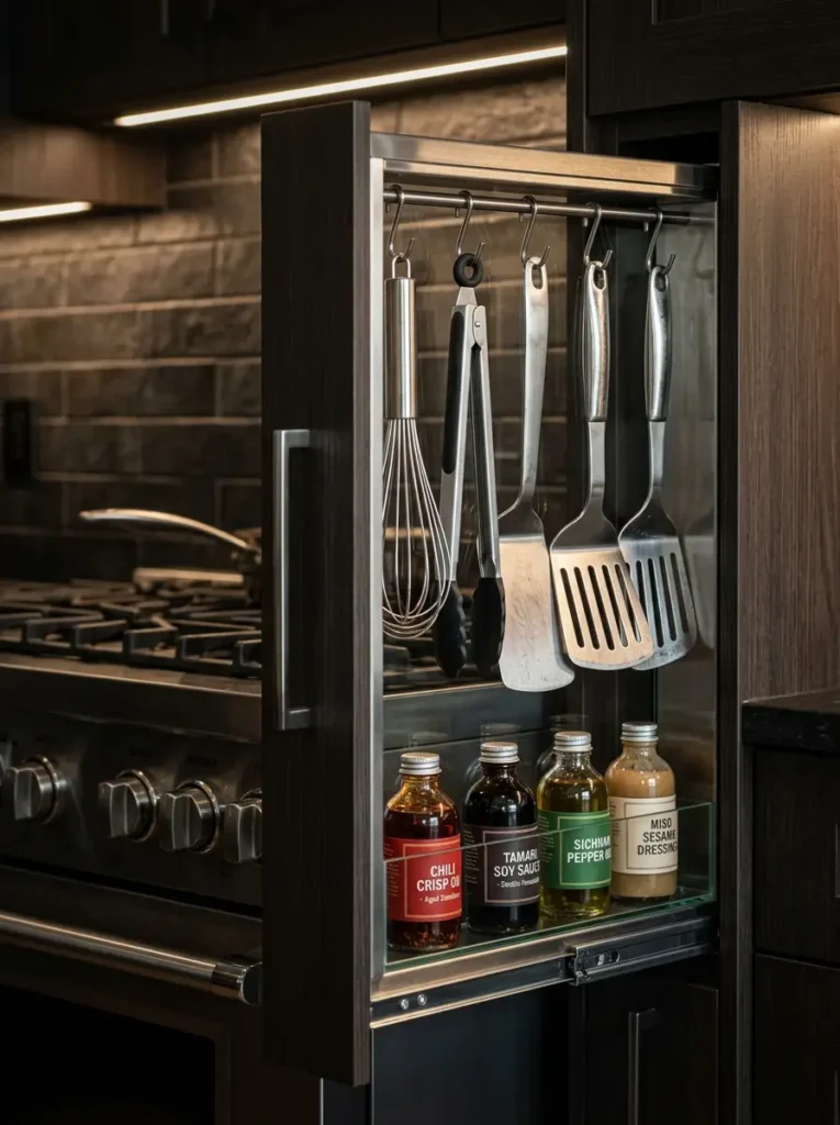 Slim Pull Out Utility Rack Slim metal slide out drawer holding cooking utensils and small oil bottles.