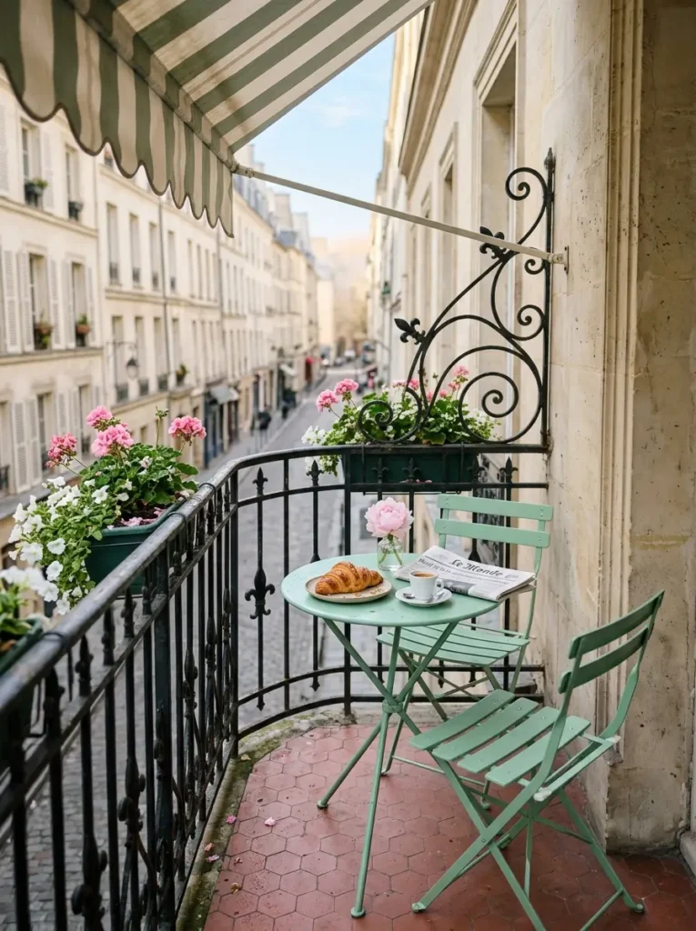A charming Parisian style balcony overlooking a cobblestone street with a pale green folding metal bistro table set a croissant coffee and blooming pink flowers.