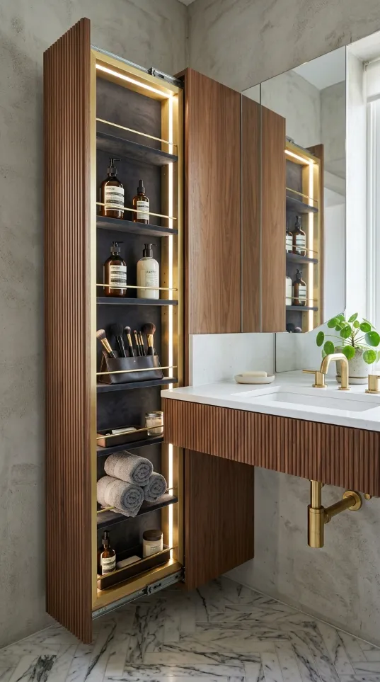 Tall wooden storage unit with vertical slats sliding open to reveal lit shelves for makeup brushes and towels.