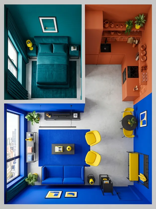 Zoning With Interior Paint Overhead view of a studio apartment with blue orange and teal color zones.