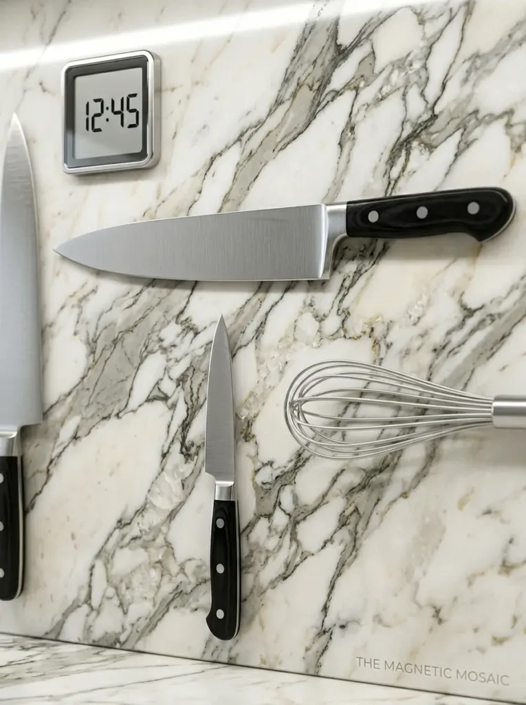 Magnetic Marble Backsplash Knife Panel Stainless steel knives attached magnetically to a seamless marble kitchen backsplash.