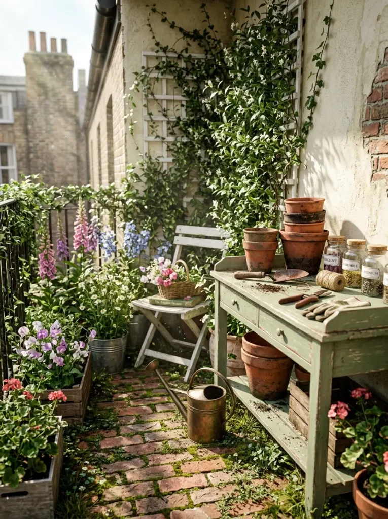 A lush balcony garden with a distressed green potting bench terracotta pots tall pink foxgloves a white wooden trellis and a rustic white folding chair.