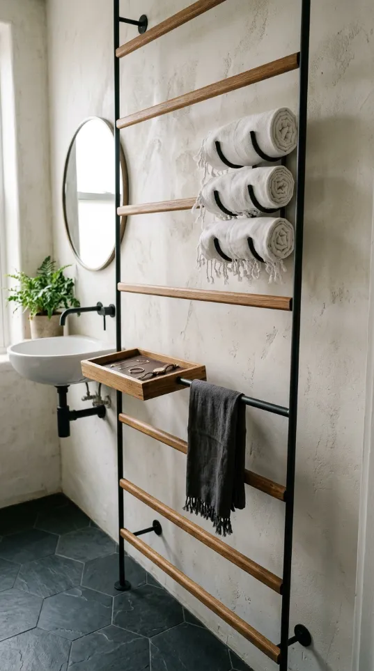 Slim black metal leaning ladder with wooden rungs holding rolled white towels and a small wooden tray.