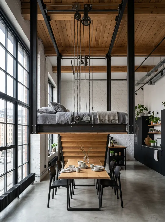 Kinetic Furniture Space Hack Mechanical bed lift system with pulleys and gears in an open loft.