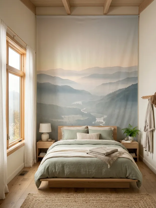 Bedroom wall with a misty blue mountain landscape mural.