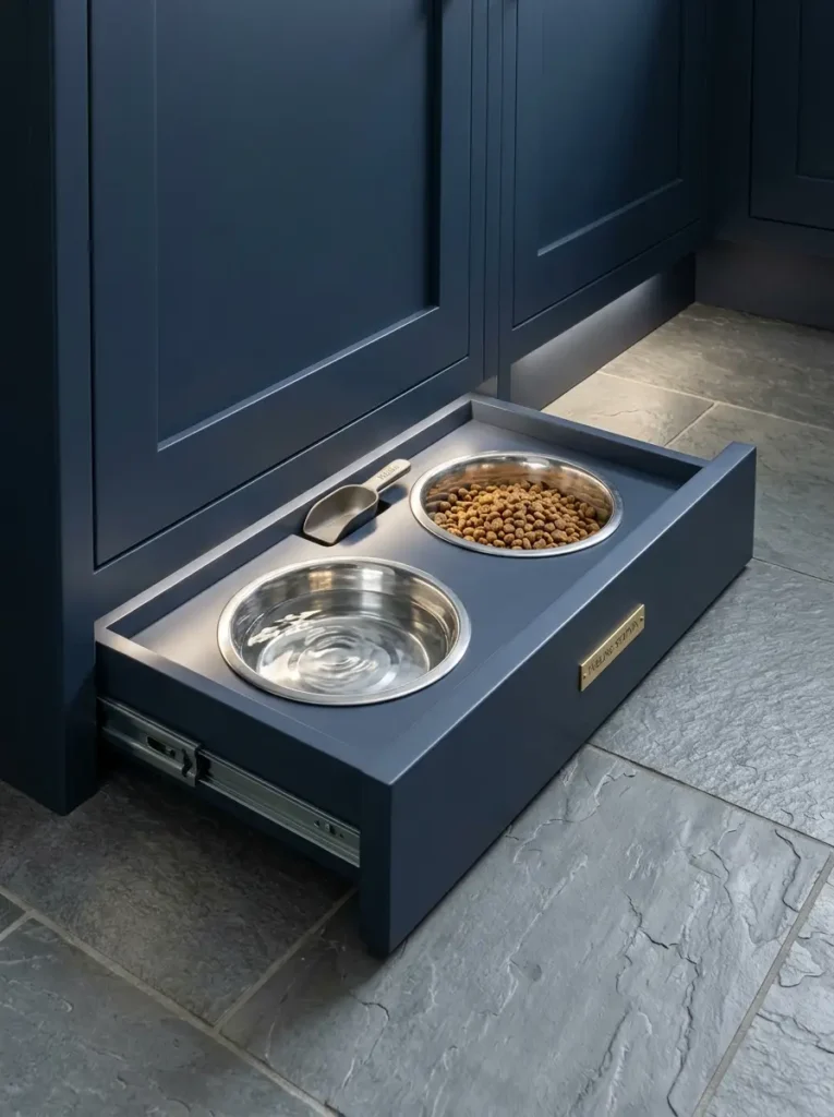 Baseboard Pet Bowl Feeding Drawer Shallow dark blue baseboard drawer pulled out to reveal two stainless steel pet bowls.